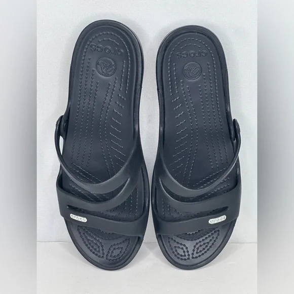 CROCS Black Slip-On Wedge Sandals Strappy Lightweight Sz 10 - Picture 8 of 12